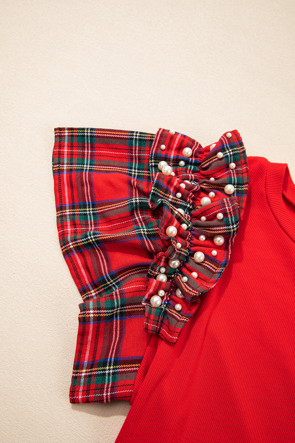 Red Plaid Ruffle Sleeve Top with Pearl Embellishments – Festive Statement Tee