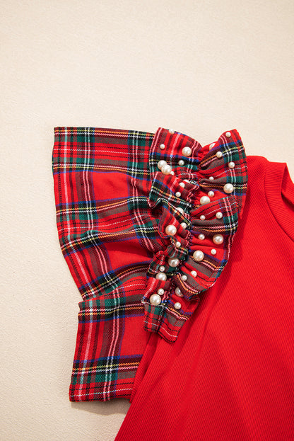 Red Plaid Ruffle Sleeve Top with Pearl Embellishments – Festive Statement Tee