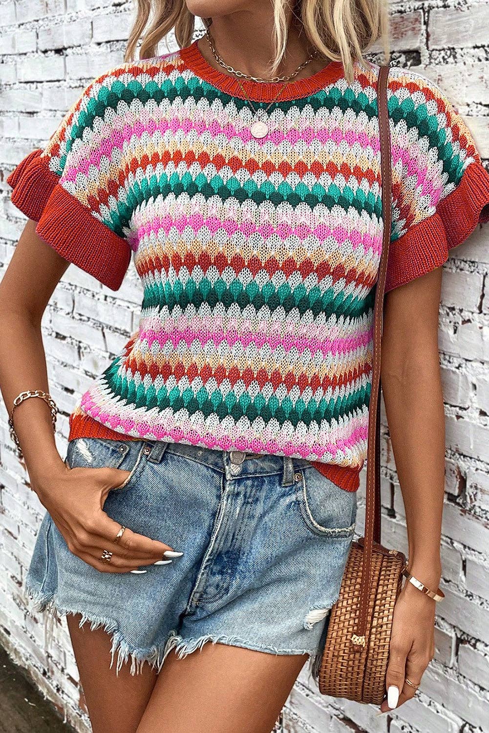 Trimmed Ruffle Sleeve Colorful Textured Sweater