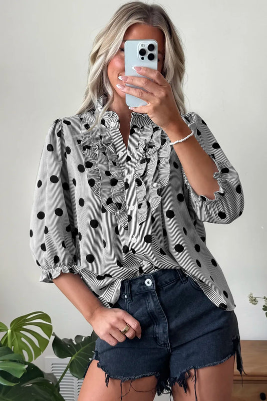 ~PREORDER~ Dot & Stripe Ruffle Neck Blouse ~PREORDER~