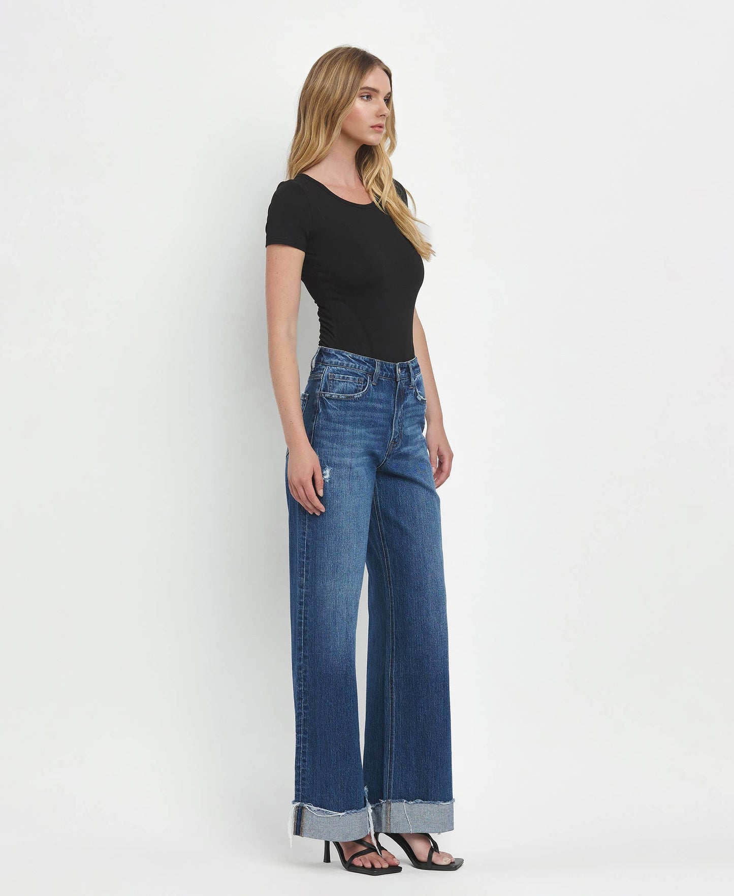 Vervet Super High Rise Baggy Wide Leg Jeans | Dark Wash Cuffed Denim T6614