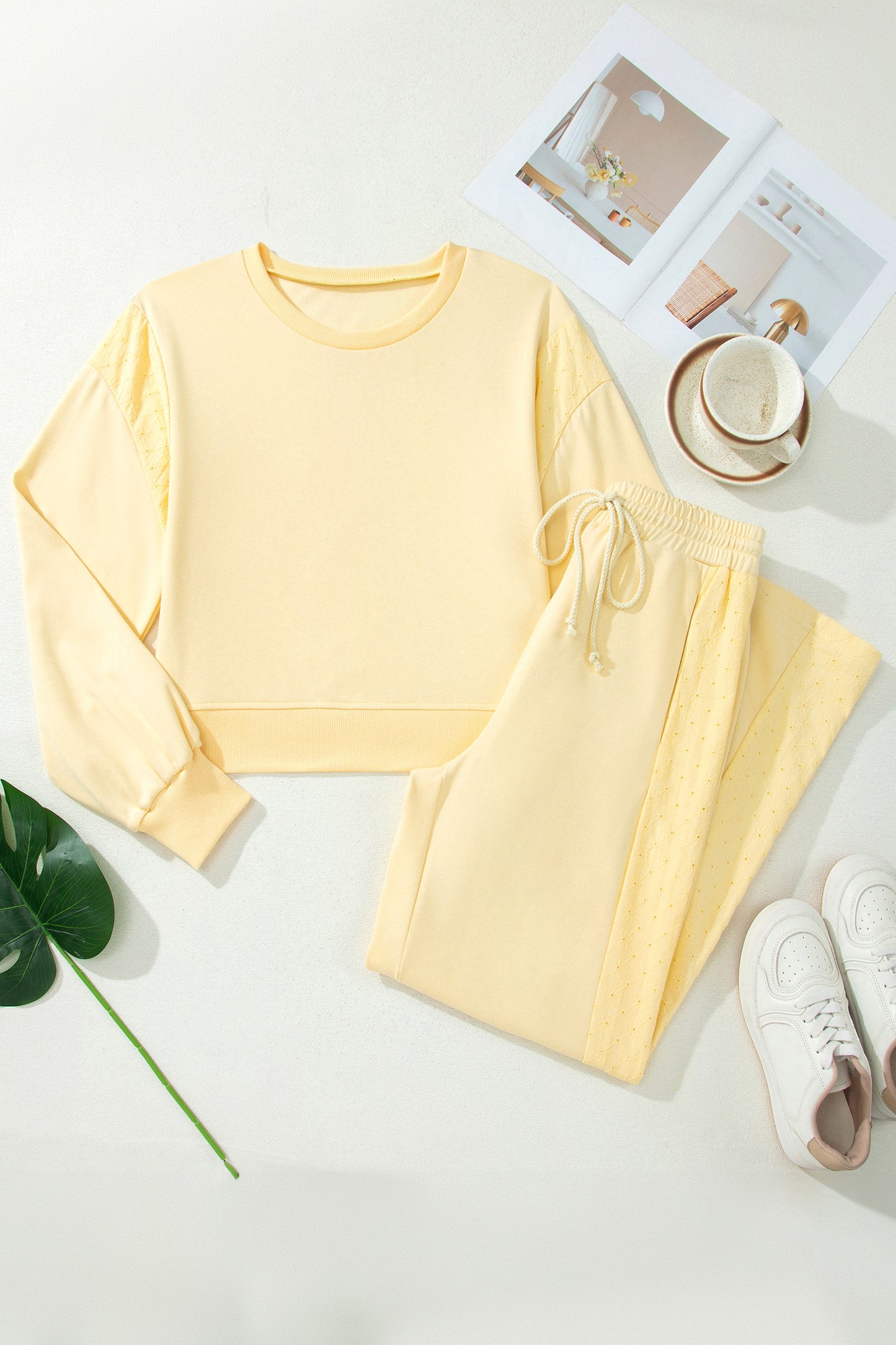 ~PREORDER ~ Yellow Cream Eyelet Lace Cropped Pullover & Drawstring Pants Set ~PREORDER ~