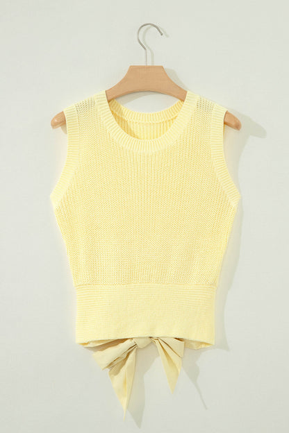 Lemon Cream Knot Back Sweater Tank | Cropped Cutout Knit Top