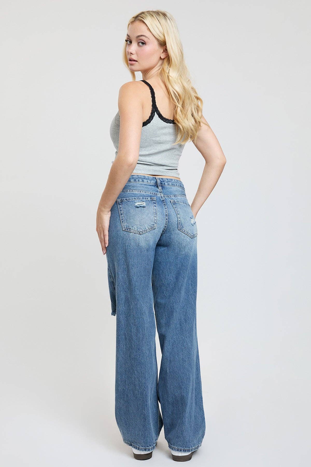 Brittany Patchwork Wide Leg Jeans | YMI Low Rise Rigid Denim