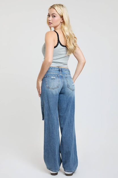 Brittany Patchwork Wide Leg Jeans | YMI Low Rise Rigid Denim