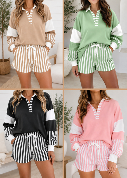 ~PREORDER~ Striped Color Block Pullover Top & Drawstring Shorts Set ~PREORDER~