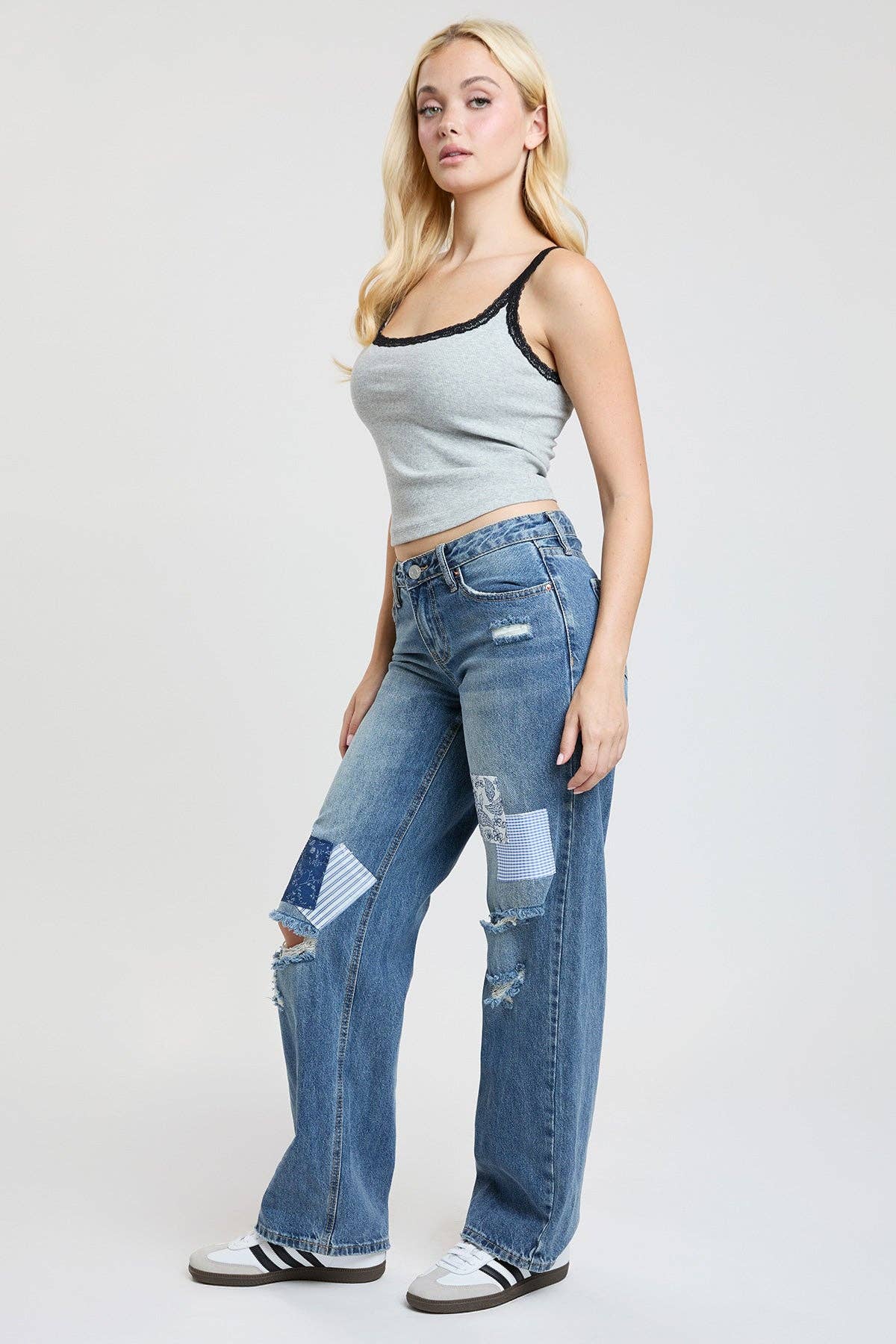 Brittany Patchwork Wide Leg Jeans | YMI Low Rise Rigid Denim