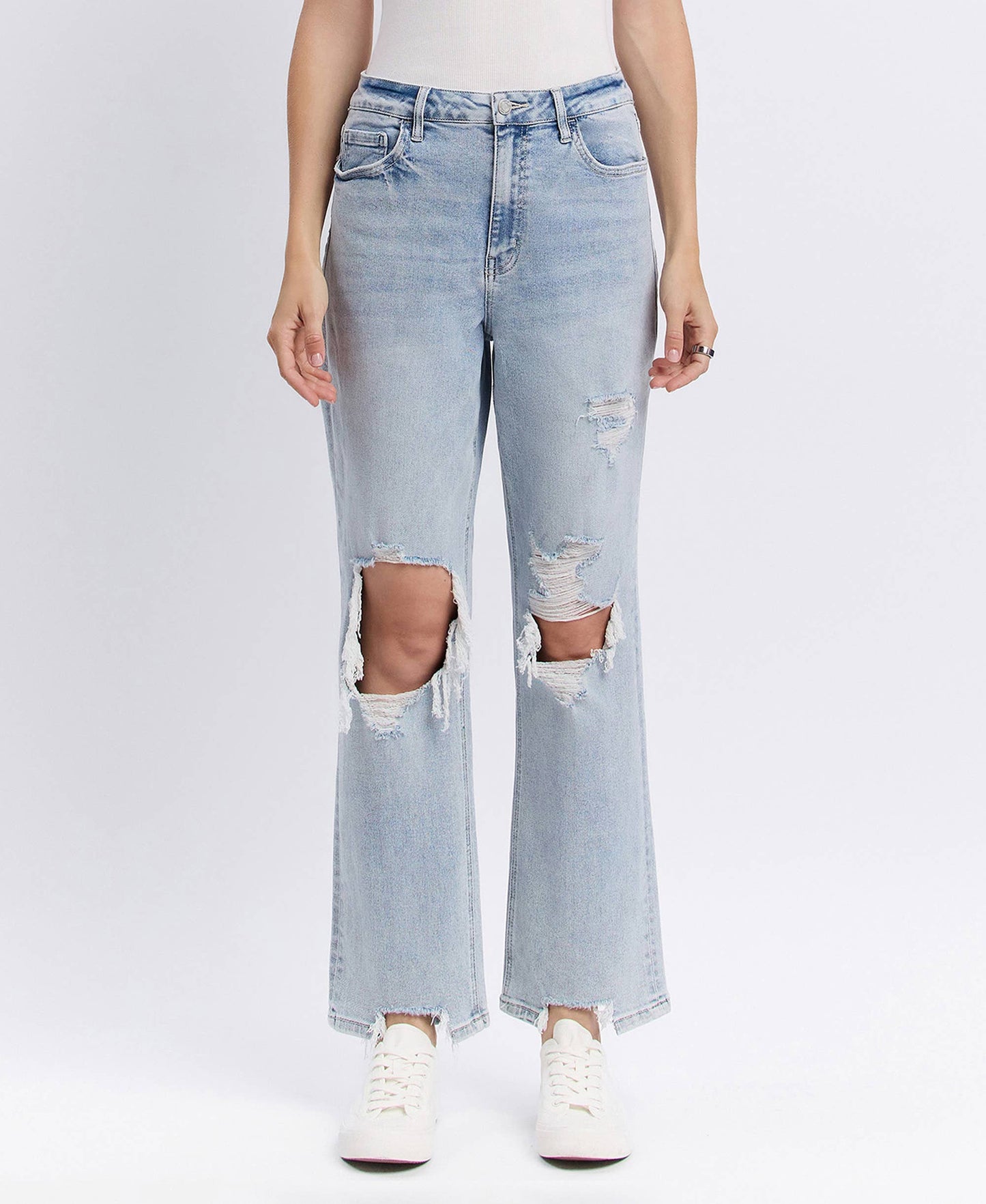 90s Icon Super High Rise Distressed Straight Leg Jeans – Comfort Stretch Ankle Denim Vervet T5933