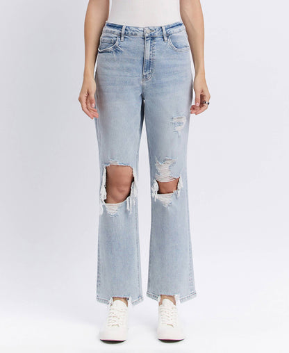 90s Icon Super High Rise Distressed Straight Leg Jeans – Comfort Stretch Ankle Denim Vervet T5933