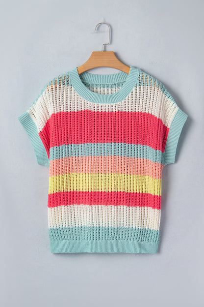 Coastal Candy Colorblock Sweater – Lightweight Open Knit Short Sleeve Summer Top