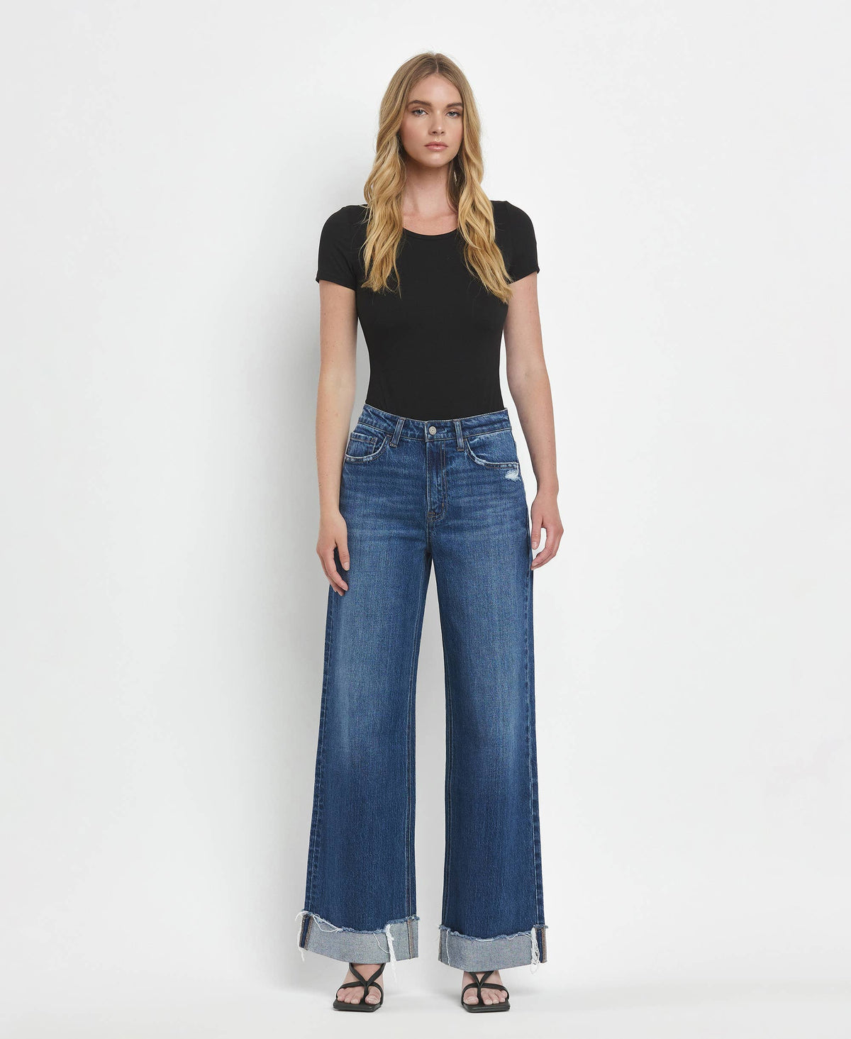 Vervet Super High Rise Baggy Wide Leg Jeans | Dark Wash Cuffed Denim T6614