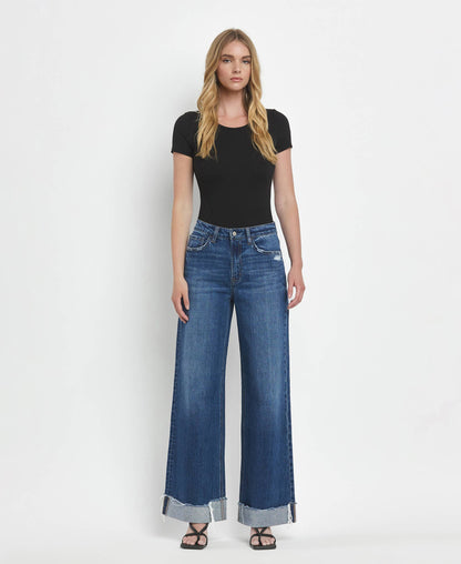 Vervet Super High Rise Baggy Wide Leg Jeans | Dark Wash Cuffed Denim T6614