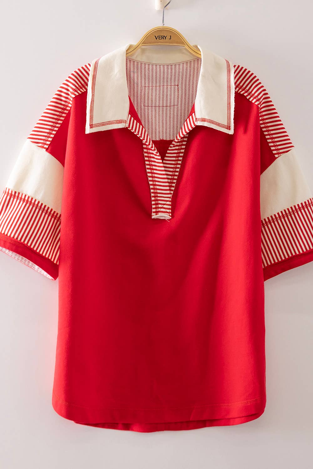 Oversized Collared Knit Top | Contrast Detail Half Sleeve Casual Shirt