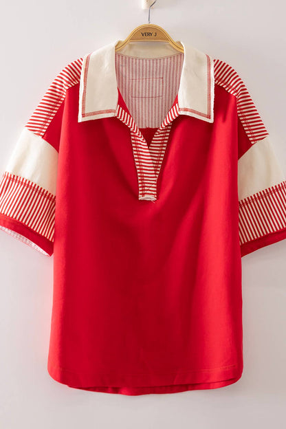 Oversized Collared Knit Top | Contrast Detail Half Sleeve Casual Shirt