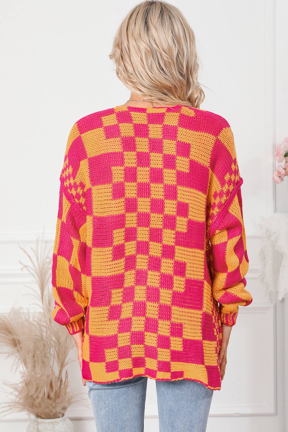 Open Front Mixed Checkered Pattern Knit Cardigan