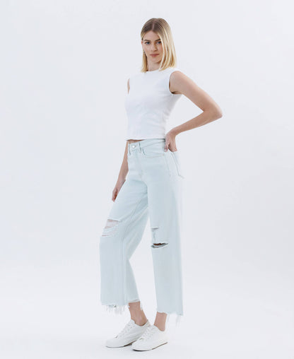 High Rise Distressed Crop Wide Leg Jeans – Frayed Hem Comfort Stretch Denim Vervet T6839