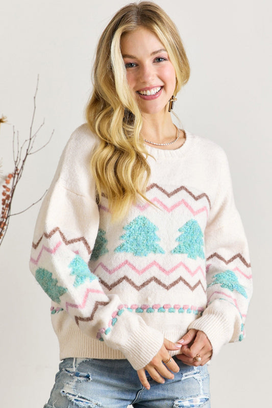 Winter Wonderland Sweater | White Christmas Tree Knit Pullover