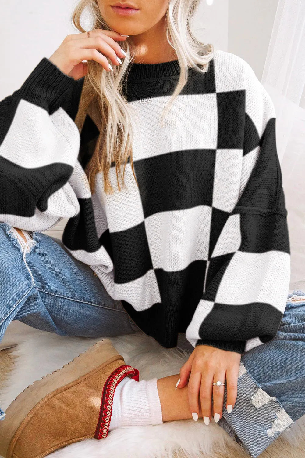 ~PREORDER~ Check Me Out Black & White Checkered Bishop Sleeve Sweater ~PREORDER~