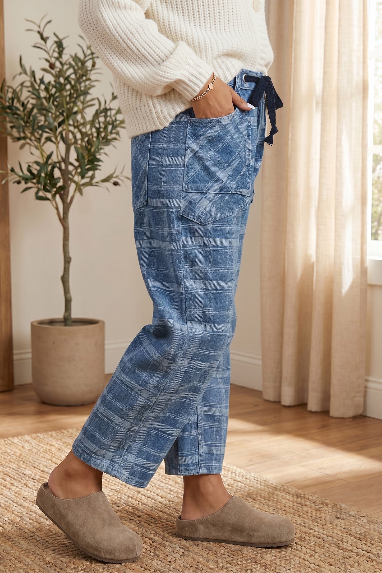 ~PREORDER ~ Plaid Denim Drawstring Waist Ankle-Length Jeans ~PREORDER ~