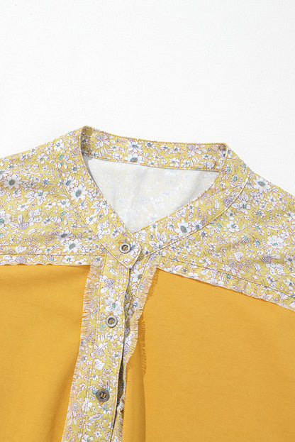 Yellow Floral-Plaid Patchwork Bishop-Sleeve Top – Mixed Print, Relaxed Fit
