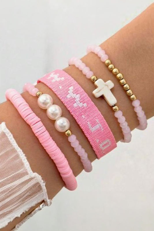 Pink WWJD Bracelet Set – Faith Beaded Stack with Cross & Pearl Details (5pc Set)