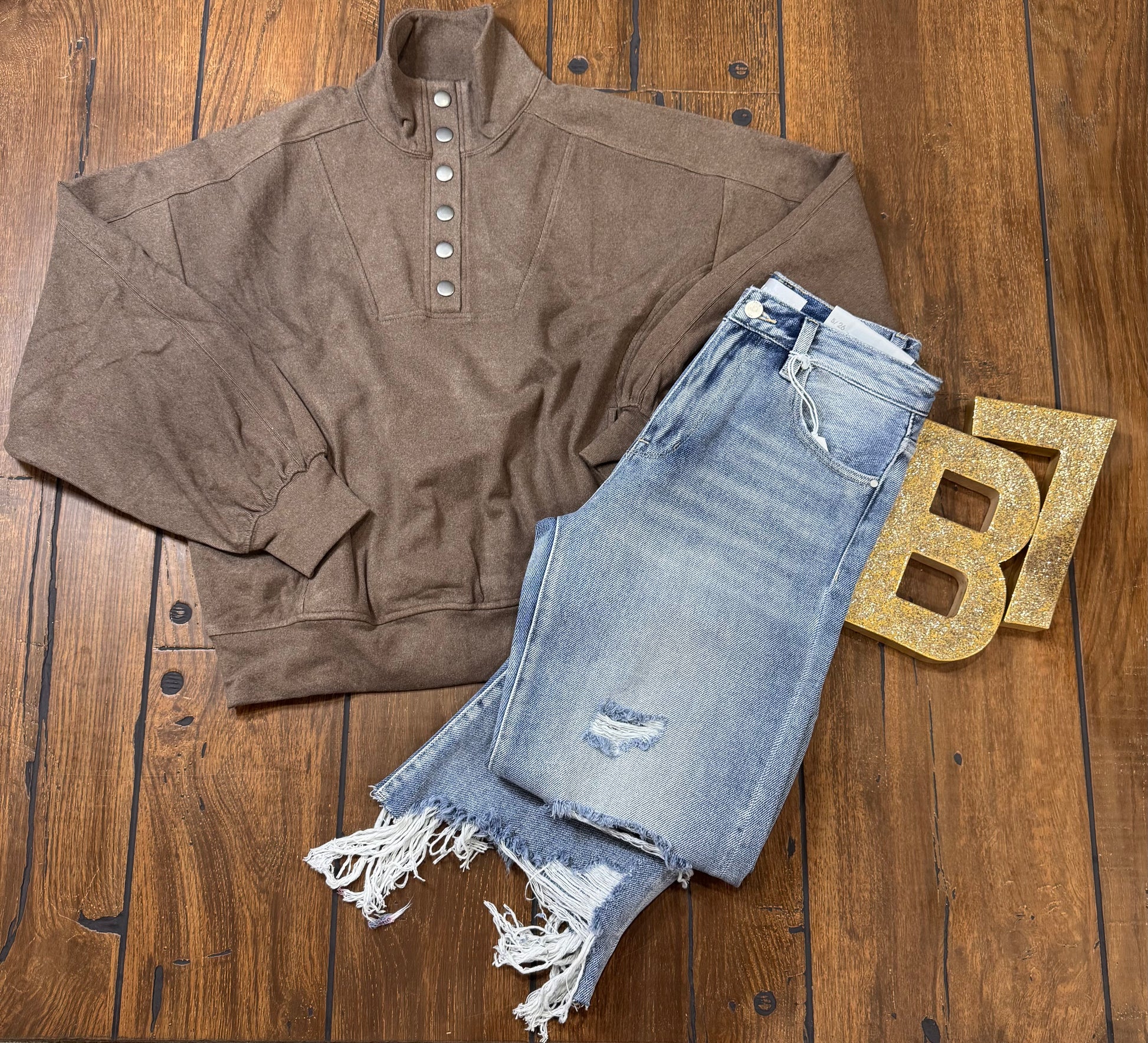 Rae Mode ribbed knit button‑down top styled with denim skirt