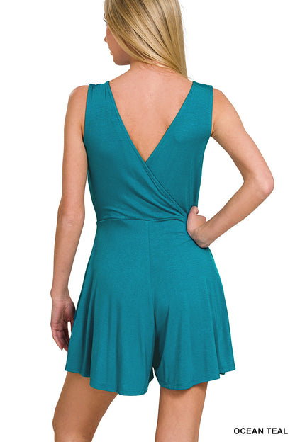 Zenana sleeveless romper with surplice neckline