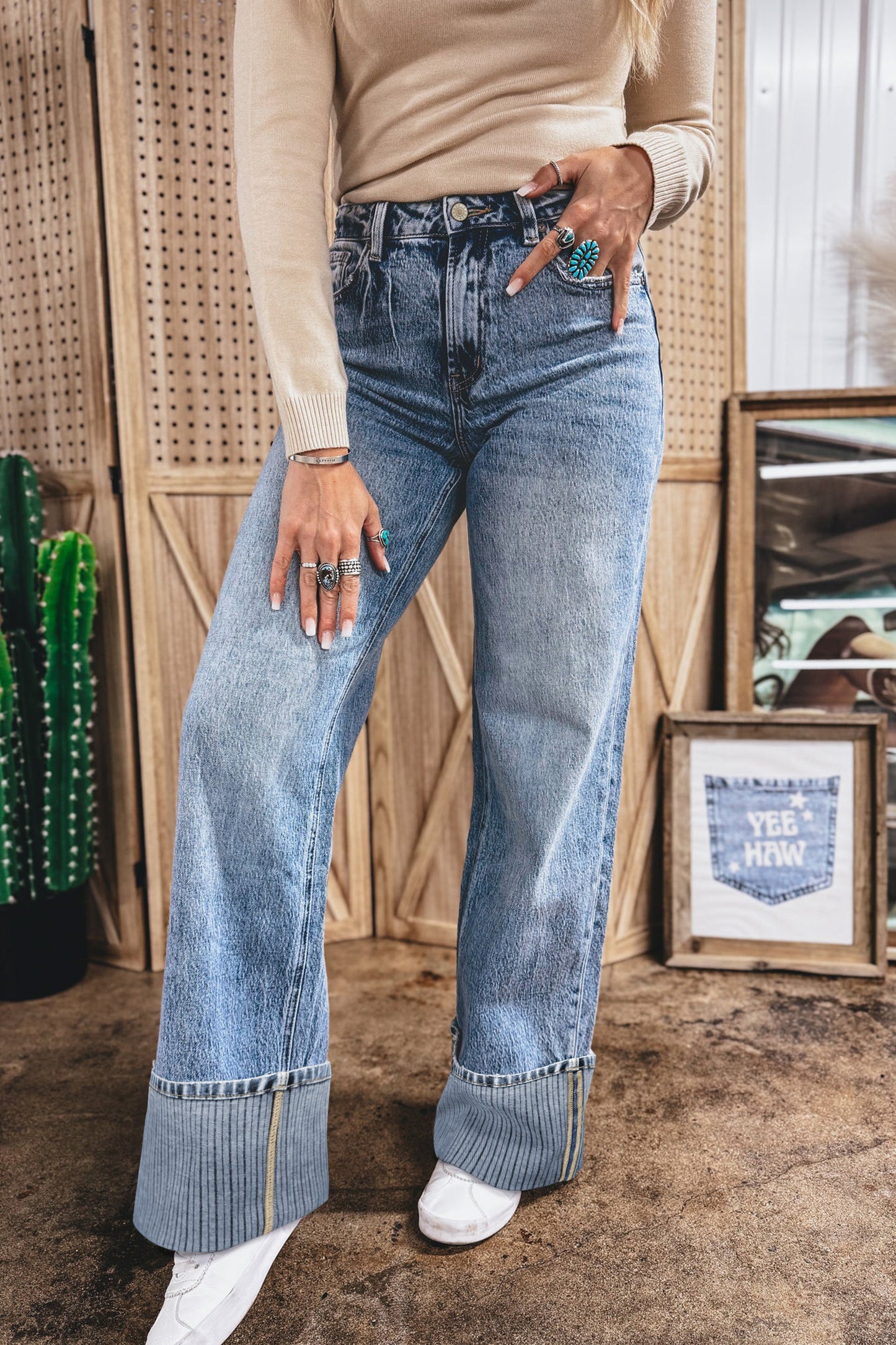 Ashleigh Cuffed Straight Leg Jeans – Relaxed Fit Wide Hem Denim
