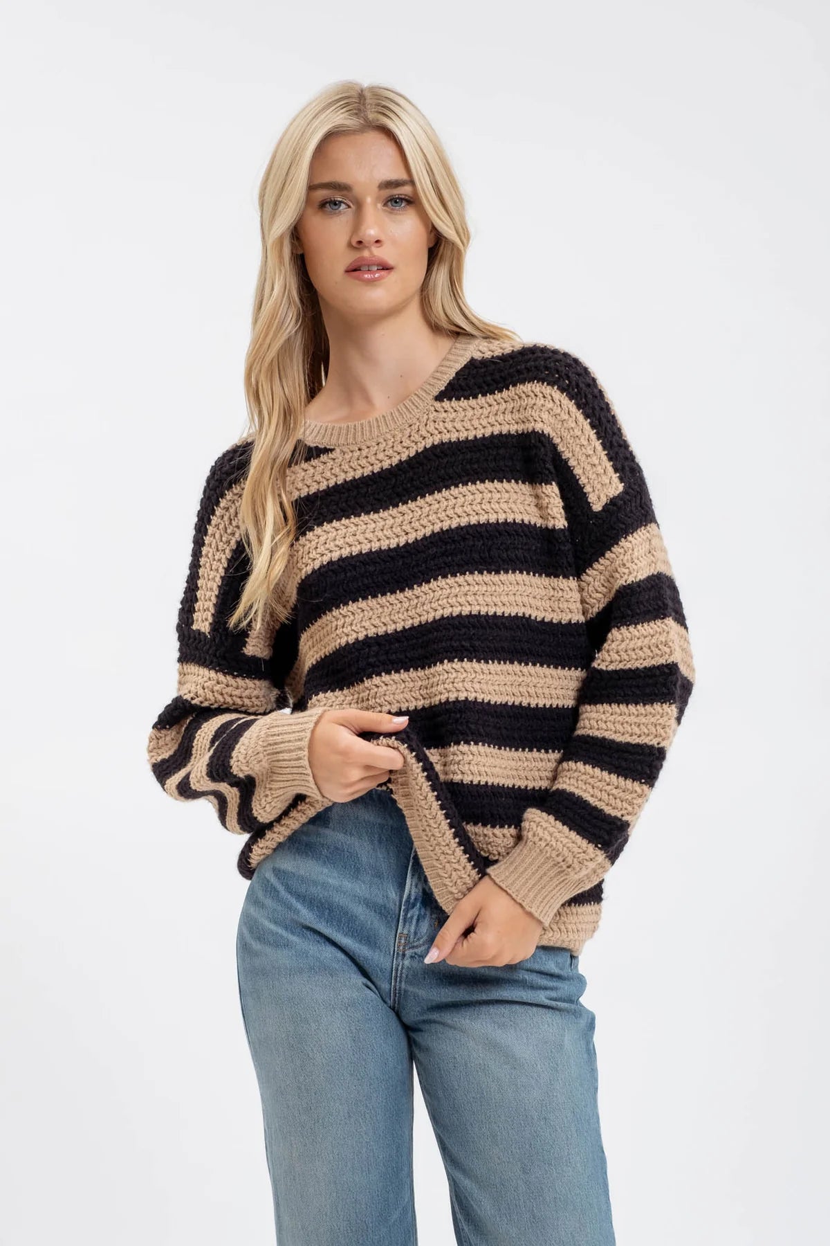 RELAXED STRIPE LONG SLEEVE PULLOVER KNIT SWEATER Blu Pepper