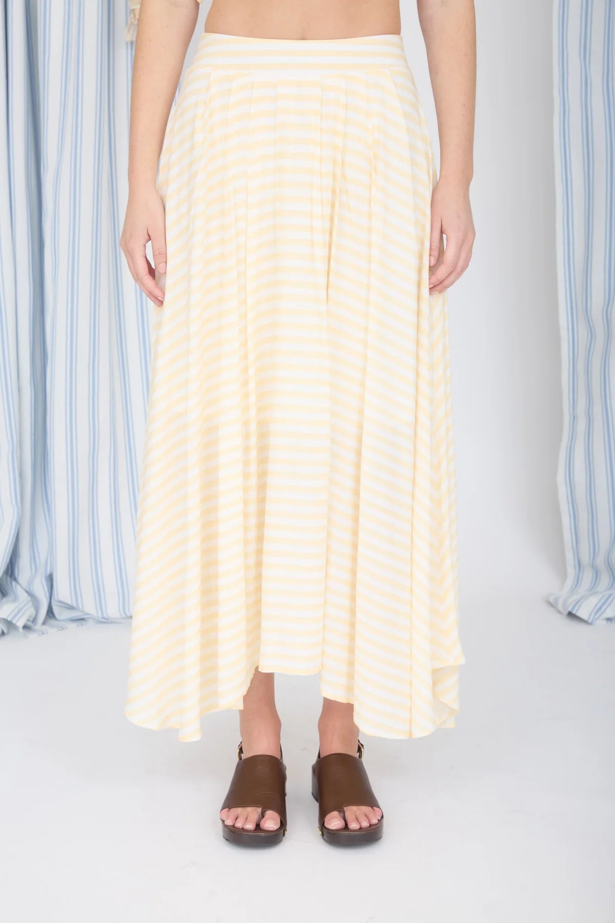 Sunny Days Striped Midi Skirt – High Waist Lightweight Pleated Summer Skirt