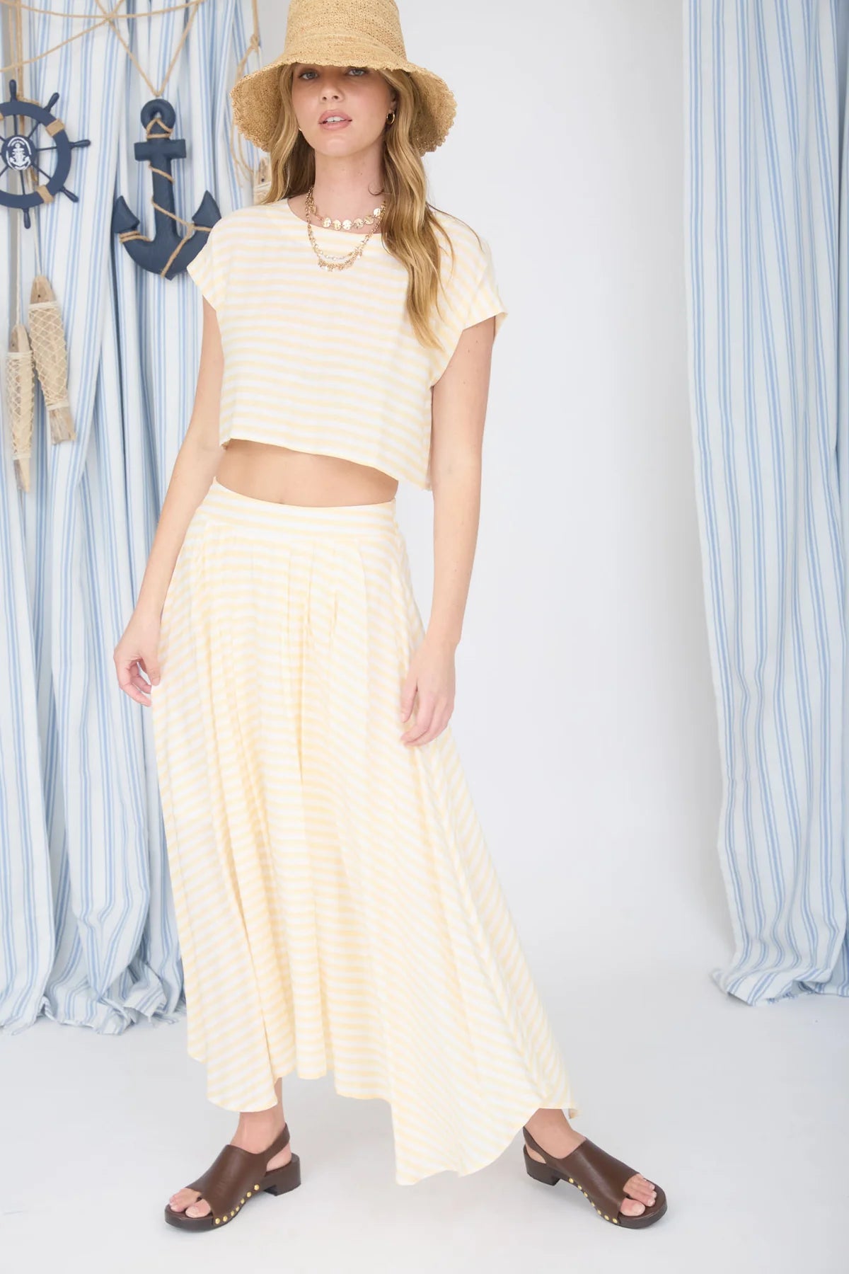 Sunny Days Striped Midi Skirt – High Waist Lightweight Pleated Summer Skirt