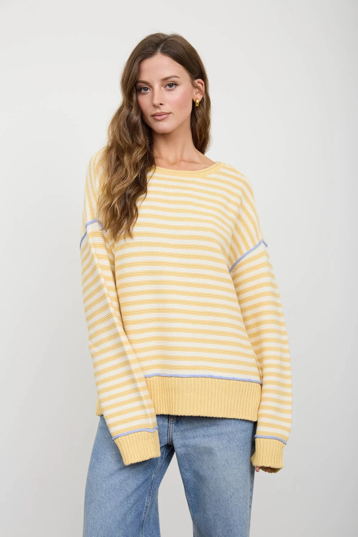 Lemon Drop Contrast Stitch Sweater | Yellow Stripe Cotton Knit Pullover