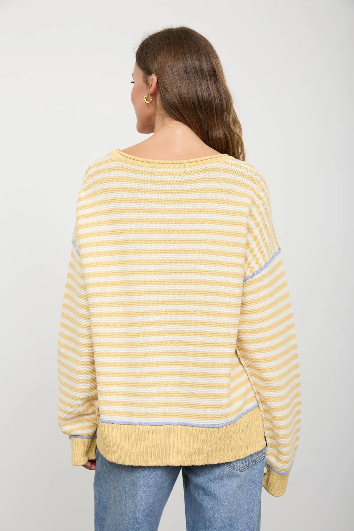 Lemon Drop Contrast Stitch Sweater | Yellow Stripe Cotton Knit Pullover