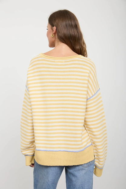 Lemon Drop Contrast Stitch Sweater | Yellow Stripe Cotton Knit Pullover