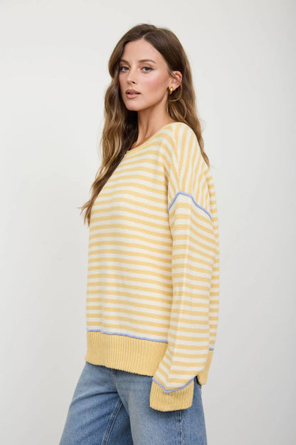 Lemon Drop Contrast Stitch Sweater | Yellow Stripe Cotton Knit Pullover