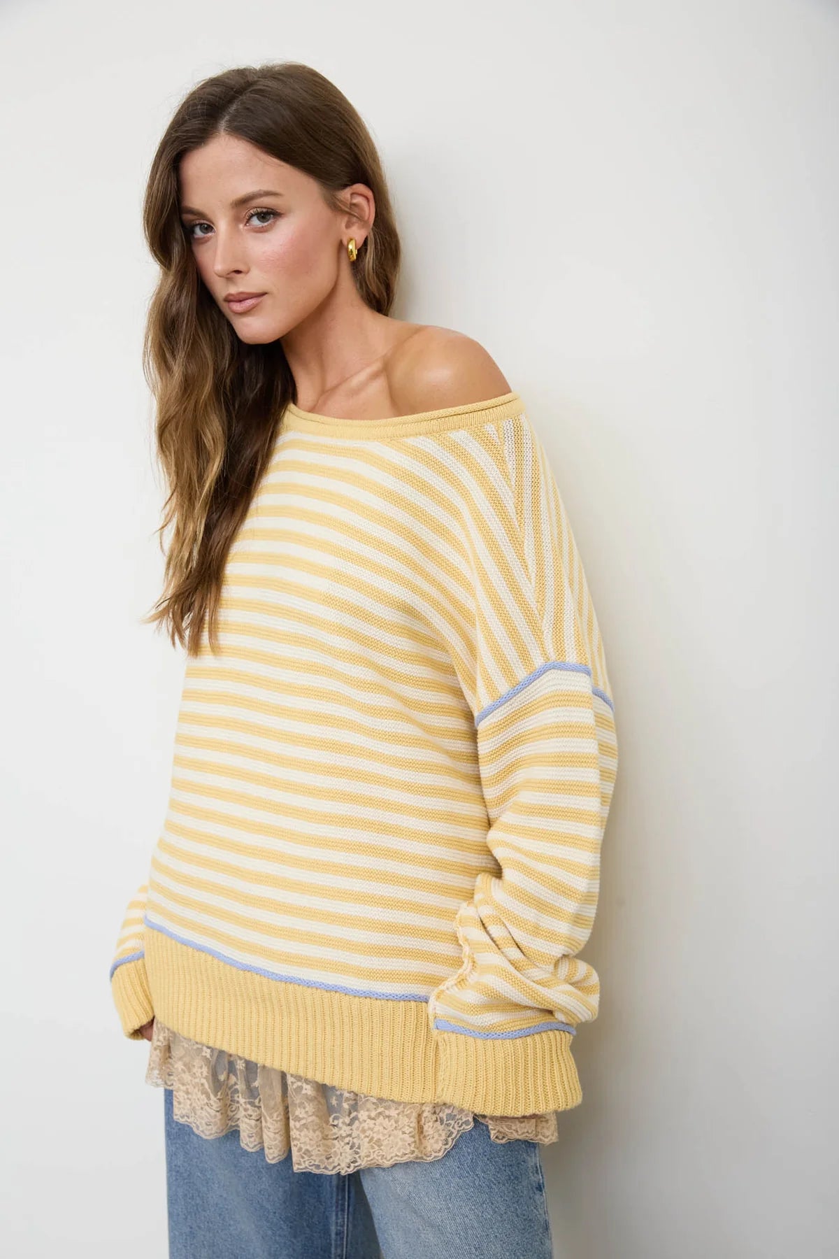 Lemon Drop Contrast Stitch Sweater | Yellow Stripe Cotton Knit Pullover