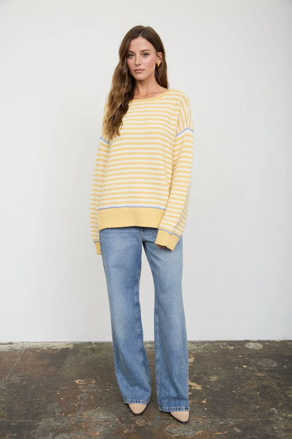 Lemon Drop Contrast Stitch Sweater | Yellow Stripe Cotton Knit Pullover
