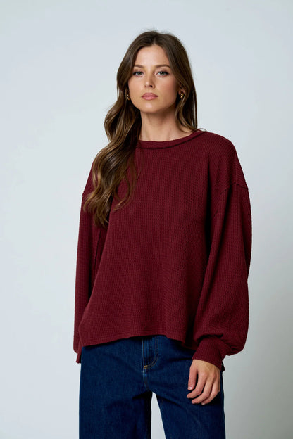 Effortlessly Cozy Textured Knit Top | Exposed Seam Balloon Sleeve Pullover