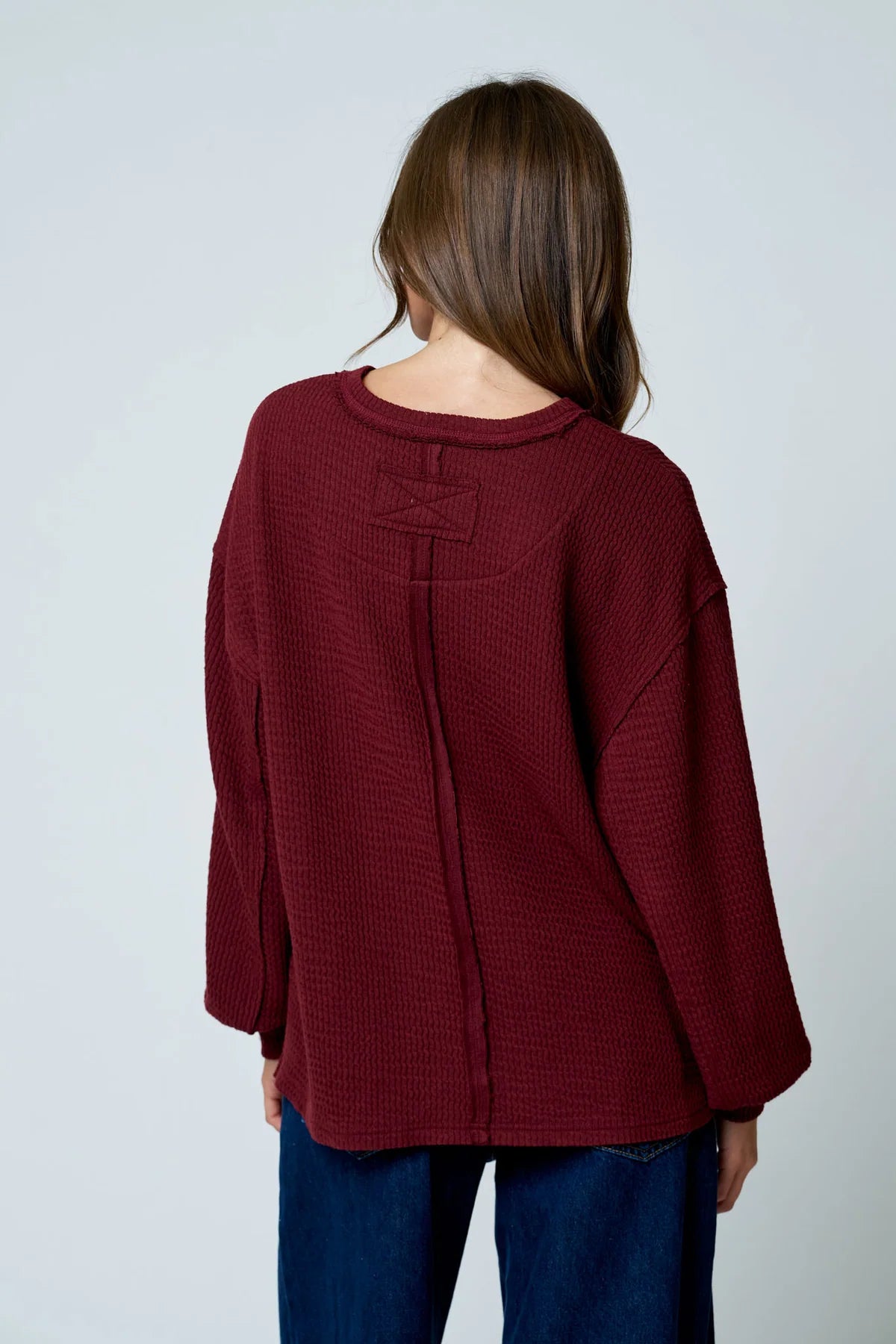 Effortlessly Cozy Textured Knit Top | Exposed Seam Balloon Sleeve Pullover