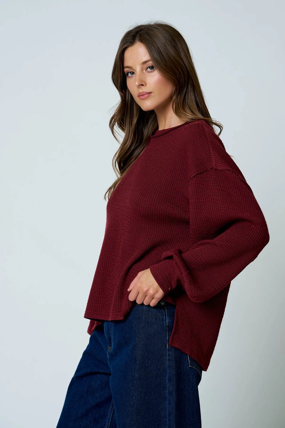 Effortlessly Cozy Textured Knit Top | Exposed Seam Balloon Sleeve Pullover