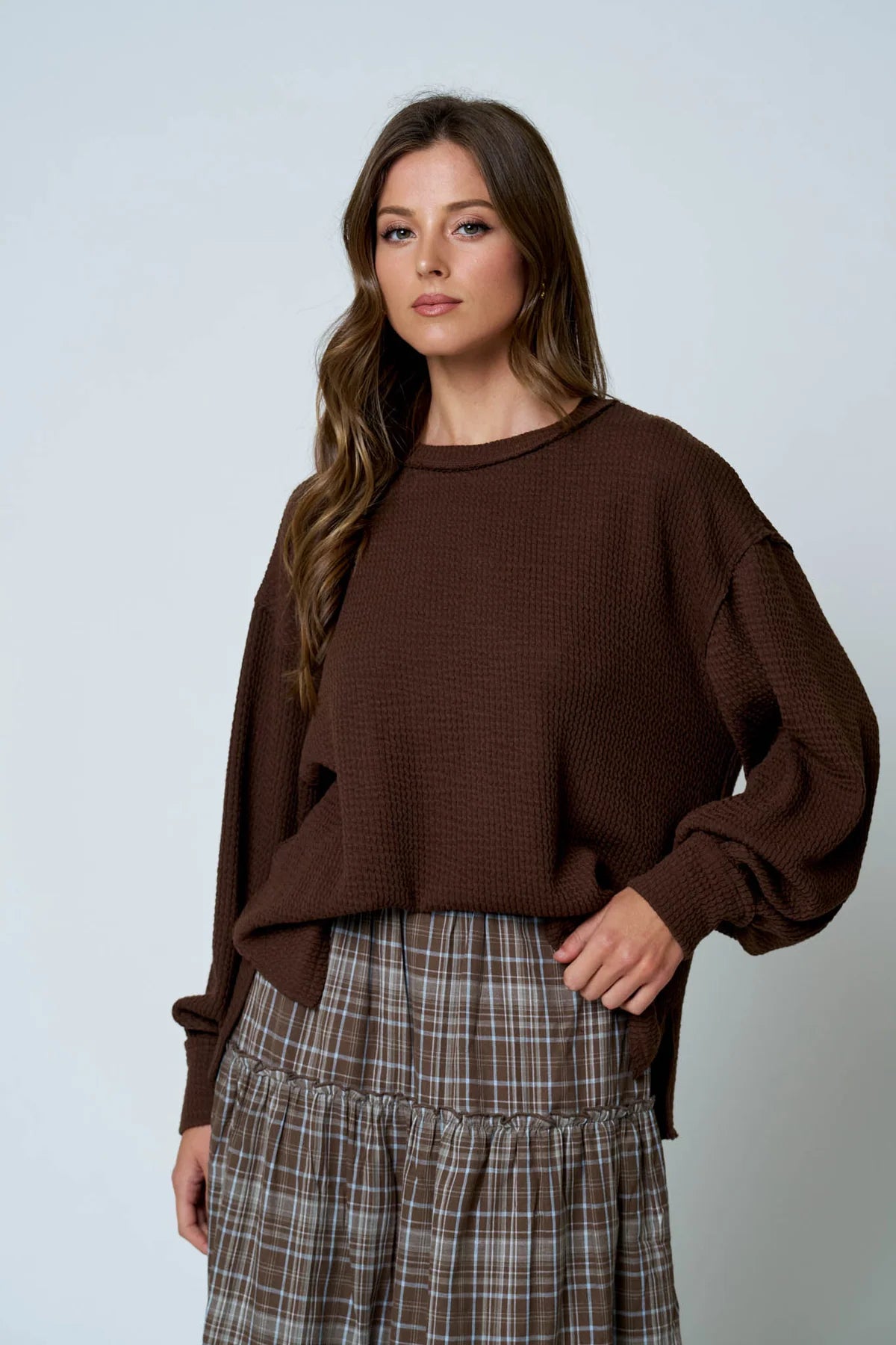 Effortlessly Cozy Textured Knit Top | Exposed Seam Balloon Sleeve Pullover