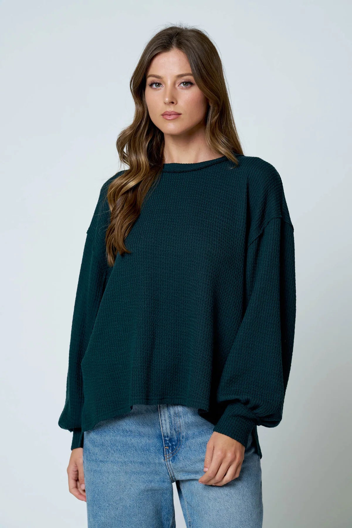 Effortlessly Cozy Textured Knit Top | Exposed Seam Balloon Sleeve Pullover