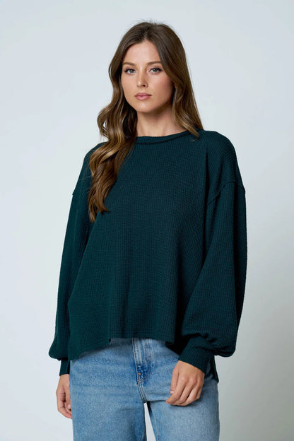 Effortlessly Cozy Textured Knit Top | Exposed Seam Balloon Sleeve Pullover