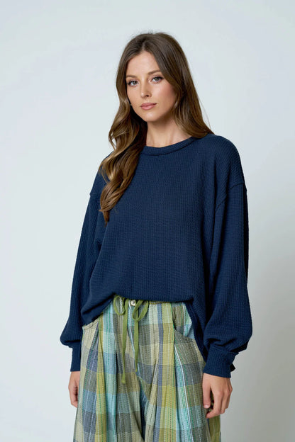 Effortlessly Cozy Textured Knit Top | Exposed Seam Balloon Sleeve Pullover