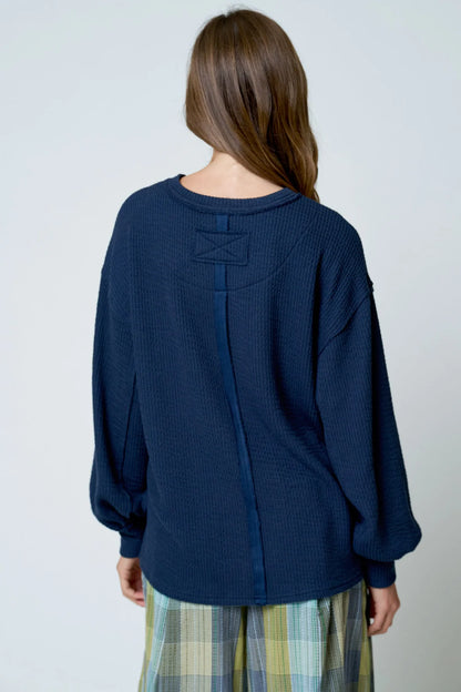Effortlessly Cozy Textured Knit Top | Exposed Seam Balloon Sleeve Pullover
