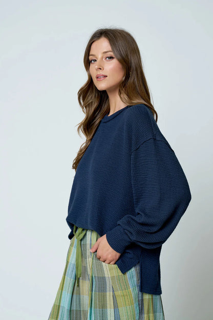 Effortlessly Cozy Textured Knit Top | Exposed Seam Balloon Sleeve Pullover