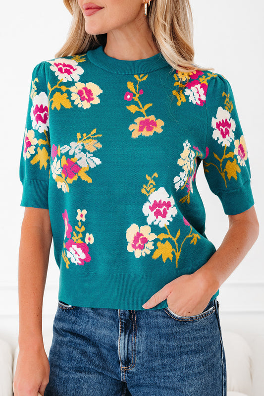 Bloom & Bright Floral Knit Top – Mock Neck Short Sleeve Sweater Tee