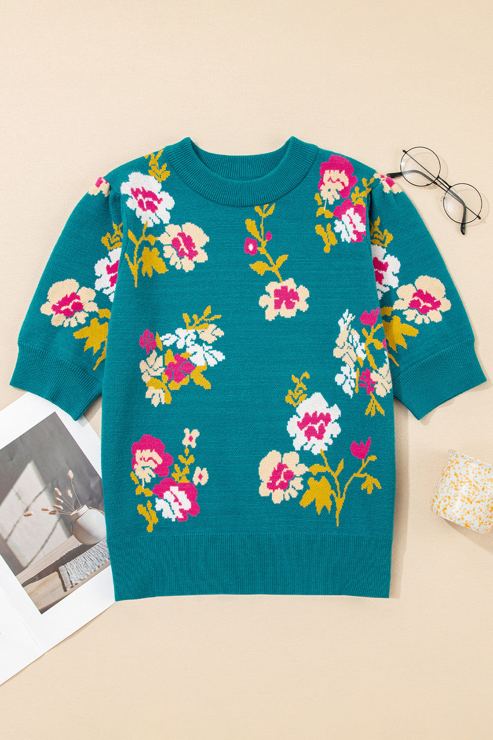 Bloom & Bright Floral Knit Top – Mock Neck Short Sleeve Sweater Tee