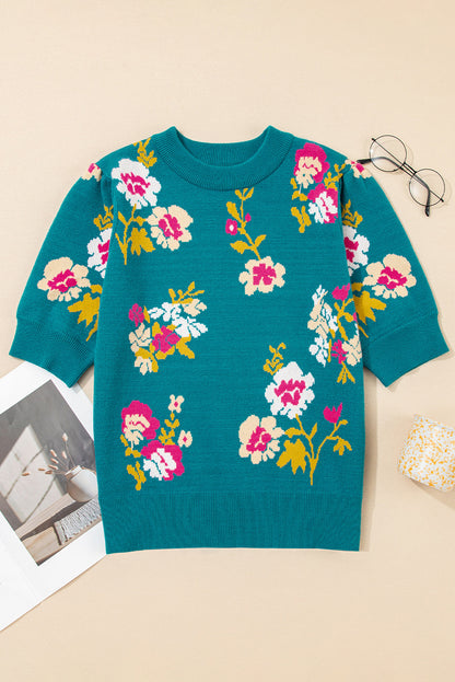 Bloom & Bright Floral Knit Top – Mock Neck Short Sleeve Sweater Tee
