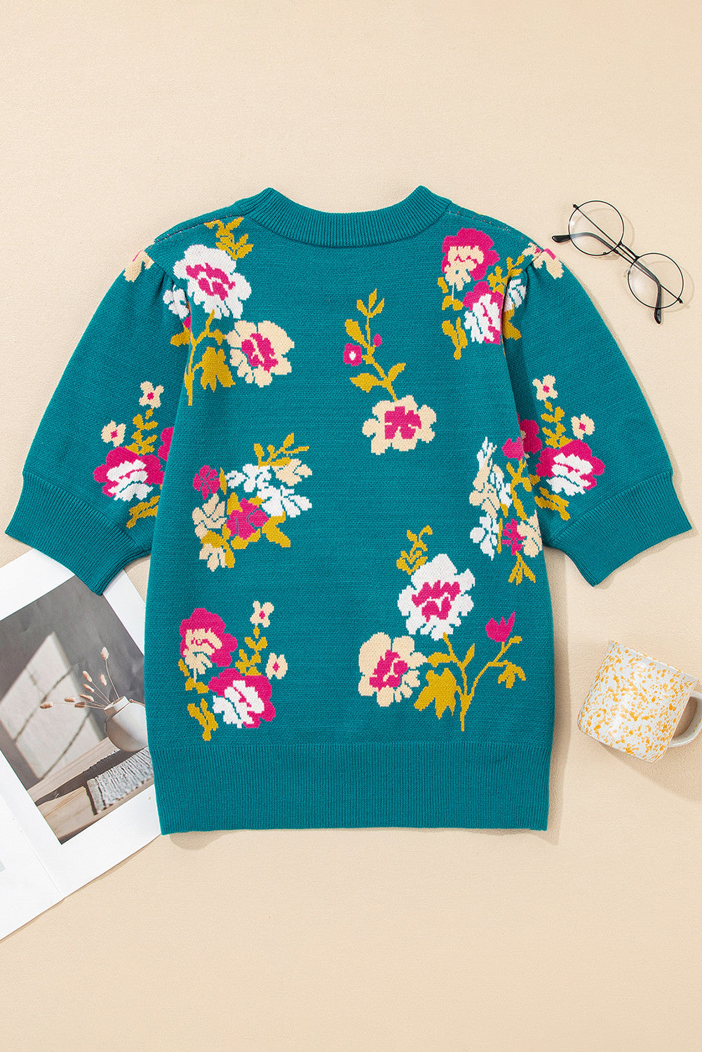 Bloom & Bright Floral Knit Top – Mock Neck Short Sleeve Sweater Tee